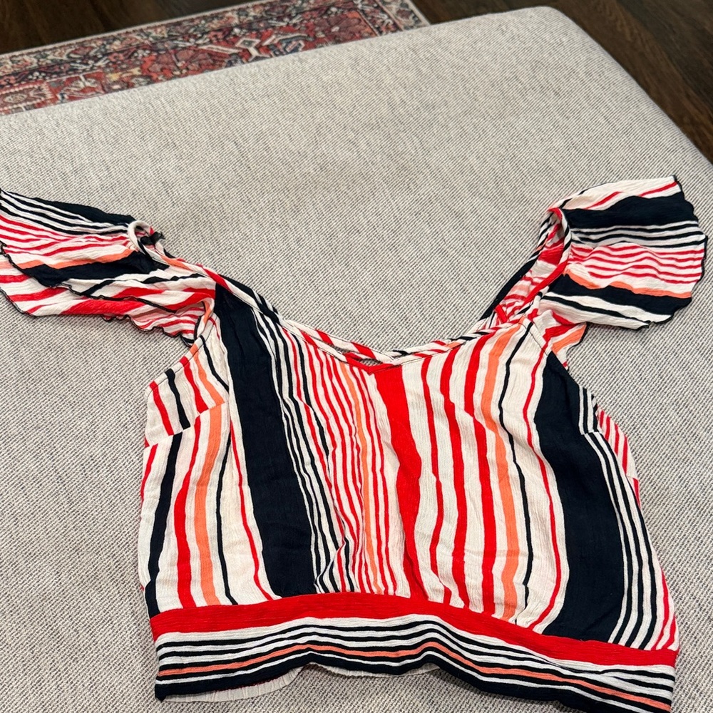 Band of Gypsies Striped Off-Shoulder Crop Top in Red, Black & Cream